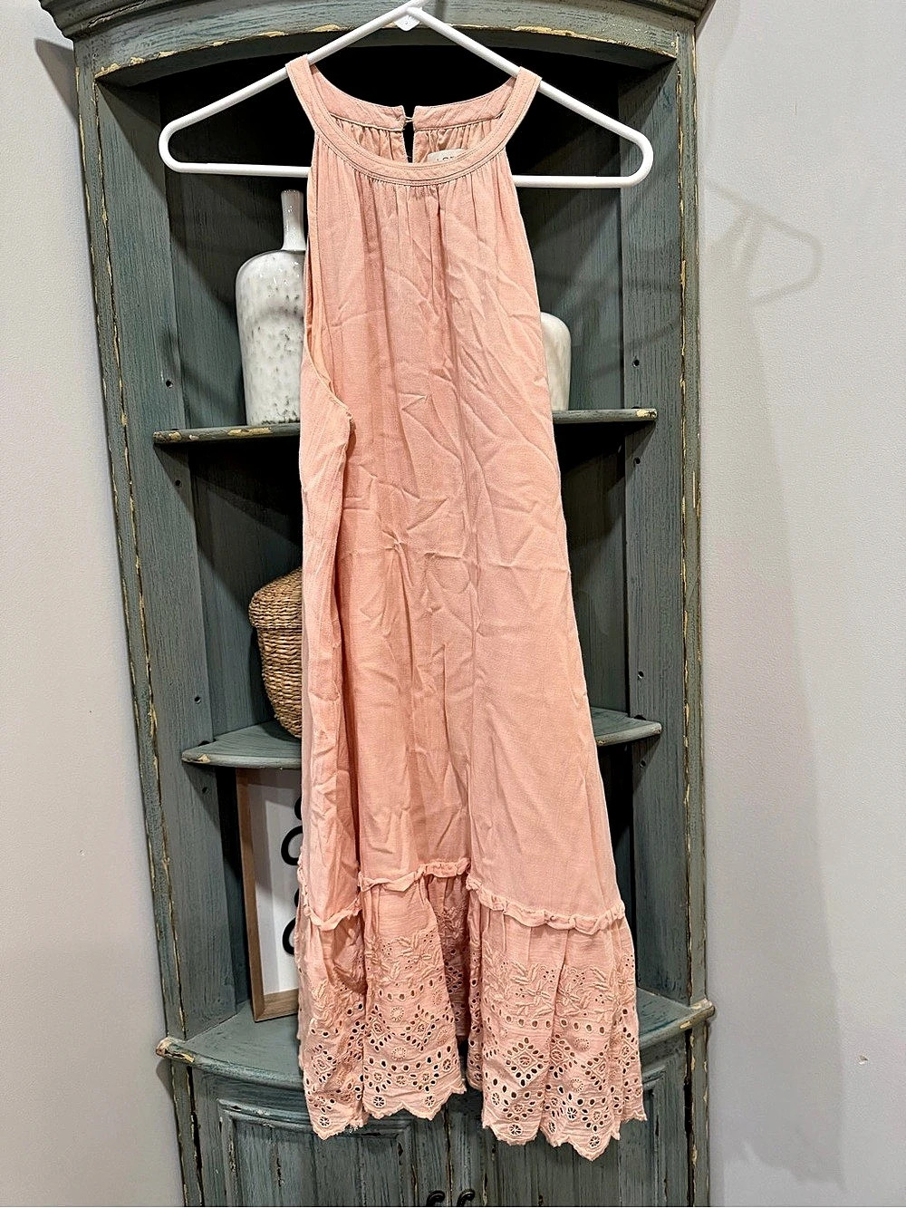LOFT Eyelet Halter Swing Dress Maxi Pink Medium